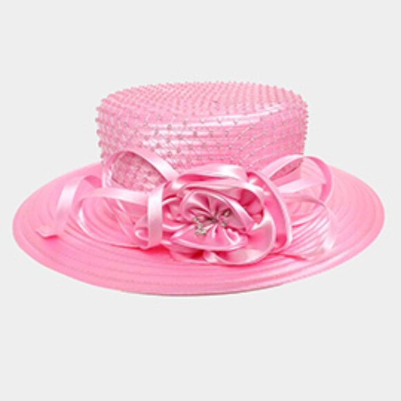 Elegant Dressy Hat Ribbon Rhinestone Accent Derby Church Brunch Tea